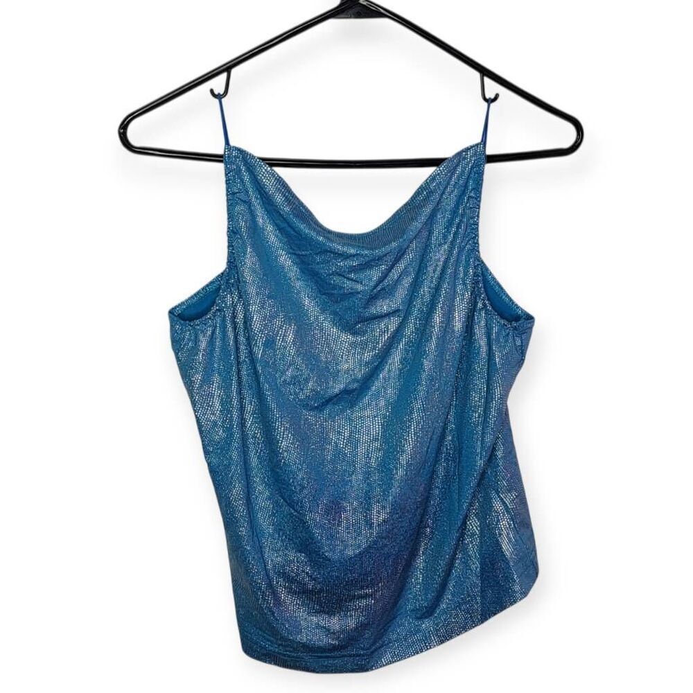 Self Esteem Y2K Cowl Neck Metallic Blue Tank Top size Large